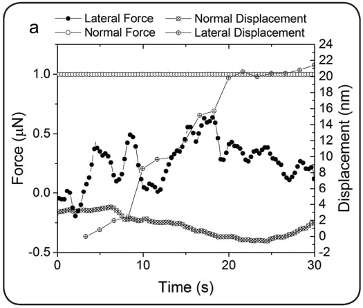 An example 1 µN scratch test: a) Normal and lateral loads and displacements versus time and (b-e) corresponding frames from the in-situ TEM video showing the buckling of the DLC film in advance of the tip and flattening of the asperities in the tops of the grains.