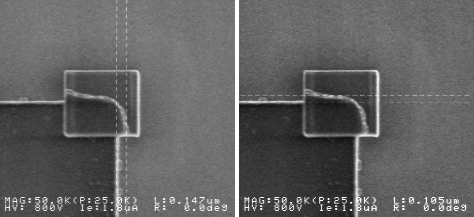 X and Y enlargement of the corner region due to contamination and drift in a CD-SEM