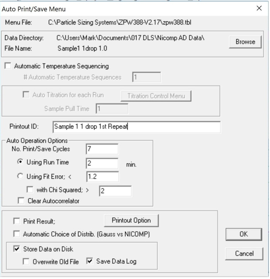 Nicomp Auto Print/Save Menu.