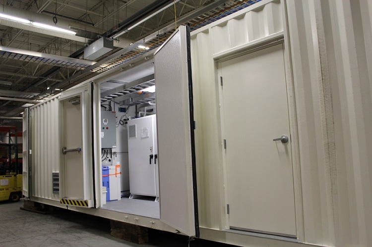A containerized C Series Hydrogen Generator used for generator cooling being prepared for to delivery to a powerplant customer. Containerized hydrogen generators offer powerplants a turnkey solution that can be installed outside in variety of climates.