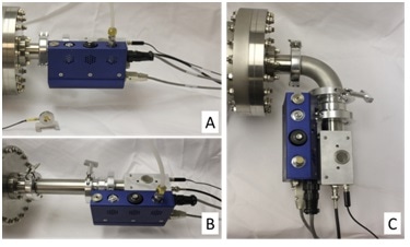 Experimental set-up to show the effects of distance and radical loss on cleaning efficiency of an Evactron Zephyr PRS. (A) 9 cm straight, (B) 32 cm straight, (C) 22 cm curved connector.