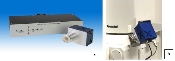 The Evactron Model E50 De-contaminator system (a) includes a desktop controller and the newly designed external hollow cathode plasma radical source for 50 Watt operation. (b) The Evactron E50 PRS mounted on a SEM port has a clean, compact footprint.