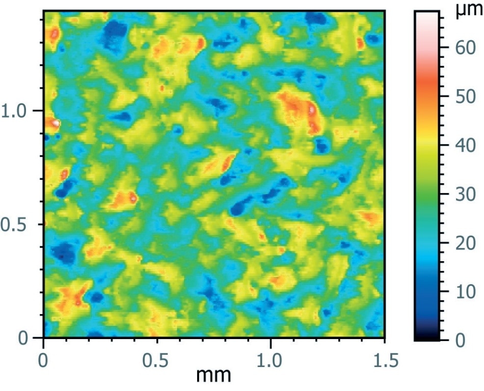 3D height profile of a bare PMMA plate with theoretical Sq roughness of 6.6 µm, measured with MountainsMap® at 6.18 µm.