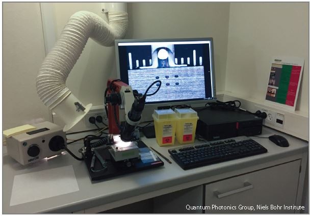 The Quantum Photonics Group selected the LatticeAx 420 cleaving system to support their research. The LatticeAx 420 delivers cleaving accuracy of 10-μm in <5 minutes, so it is ideal for the lab that values speed and high accuracy while at the same time needing to accommodate a variety of sample sizes, thicknesses and materials. The compact footprint allows it to be located wherever it is needed in the lab. Courtesy of the Quantum Photonics Group, Niels Bohr Institute, University of Copenhagen.