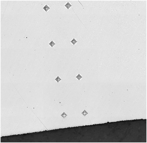 Vickers indents for a Case depth measurement on a heat-treated gear sample