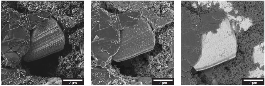 Cathode of a Li-ion battery imaged at 2 keV with the E-T detector (left), and, with the Multidetector with the energy-filtering grid OFF for detecting SE signal (center) and ON for detecting BSE signal (right).