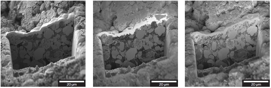 50 µm long cross-section prepared with new Orage™ Ga FIB column and imaged at 2 keV with E-T detector (left), Axial detector (centre) and Multidetector (right).