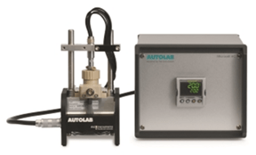The Autolab RHD Microcell HC setup, composed of a cell stand (left-hand side), and the temperature controller (right-hand side).