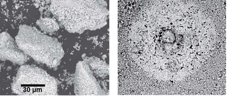 SEM images using backscattered electron detector (BSD) of (left) ceramic powder agglomerates and (right) their effect on the ceramic microstructure. Image/data courtesy of CoorsTek
