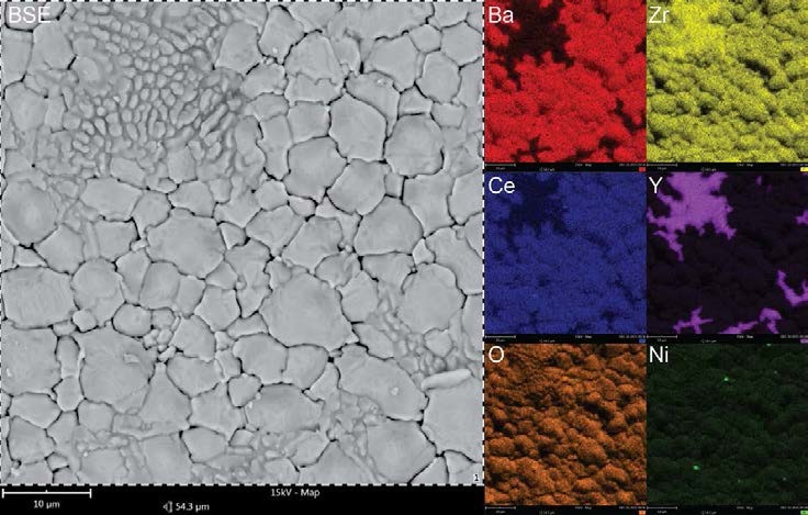 Backscattered electron detector image (left) and corresponding EDS maps (right) used to identify second phases on ceramic surfaces Image/data courtesy of CoorsTek