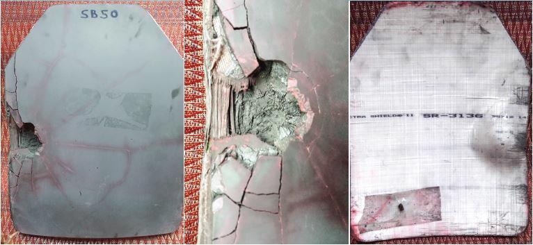Hexoloy sintered SiC body panel after impact with a projectile. (From left) Front view of impact zone of plate; close-up of impact zone; and backside deformation of plate with projectile remains. (Credit: Saint-Gobain)