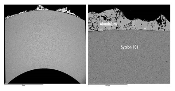 Cross-section of Syalon 101 thermocouple sheath after use in aluminium production, displaying zero porosity or ingress of molten metal into ceramic