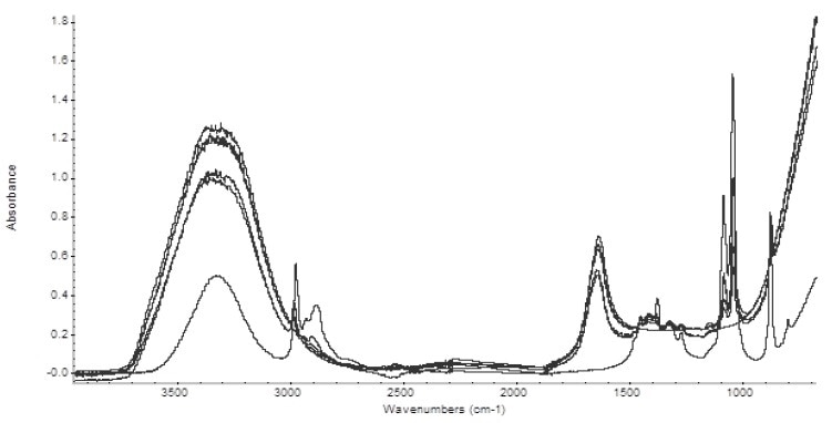 Spectra of the five alcoholic beverages analyzed.