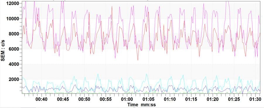 Example data showing the real-time analysis of muliple compounds exhaled in human breath during an exercise test.
