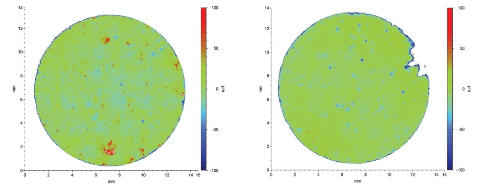 Comparison of brake pad before (left) and after (right) wear testing utilizing exact same lateral and vertical scale reveals measurable effects of tribology