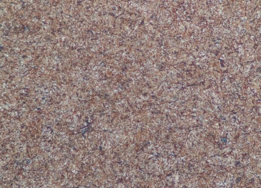Martenitic structure after heat treatment, etched with 3% Nital, brightfield 20x