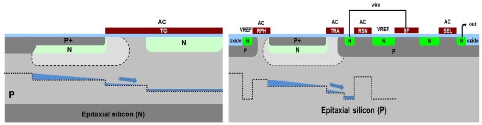 ITCCD and 5T CMOS pixels side by side