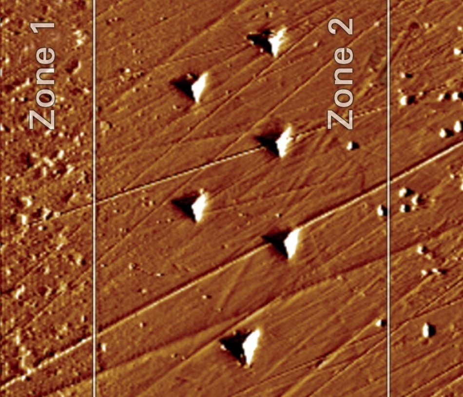 SPM image of indent impressions in Zone 2 collected at 650°C.