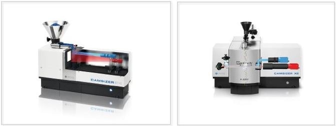 Two high-end DIA particle analyzers: CAMSIZER P4 (left) and CAMSIZER X2 (right) from Retsch Technology. The P4 model is suitable for fast analysis of pourable bulk solids in a size range from 20 µm to 30 mm. The X2 model is optimized for fine powders in a size range from 0.8 µm to 8 mm.