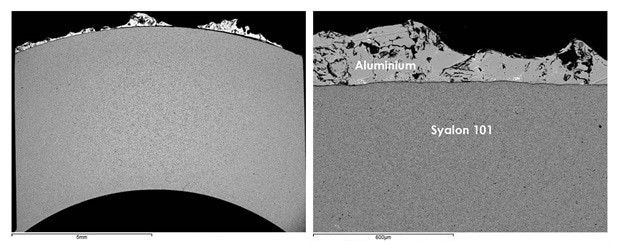 Cross-section of Syalon 101 thermocouple sheath after use in aluminum production, showing zero porosity or ingress of molten metal into ceramic