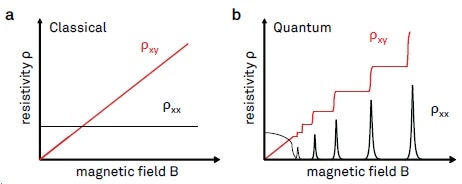 Illustration of longitudinal and transverse resistivities ρxx and ρxy plotted as a function of the magnetic field. (a) Classical Hall effect behavior, where ρxy is co-linear with B, and ρxx is independent of B. (b) Typical signatures of the integer quantum Hall effect. The Hall resistivity ρxy shows plateaus for a range of magnetic field values, with ρxx going to zero at the same time.