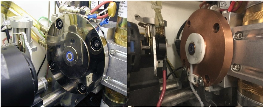 Photographs of LECO’s DC (left) and RF (right) discharge lamps. The DC lamp still has many similar features of the original Grimm design while the ring electrode on the RF lamp is used to power nonconductive samples for analysis.