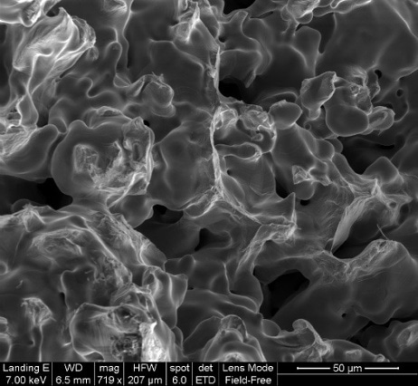 Electron micrograph of the internal network of a 2 µm sintered frit at higher magnification.