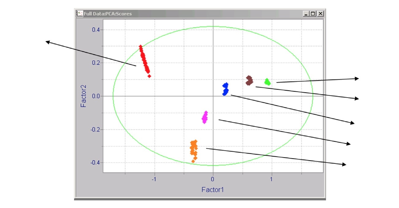 Factor analysis (PCA) plot showing the separation of the different rundown streams in the modeling space.
