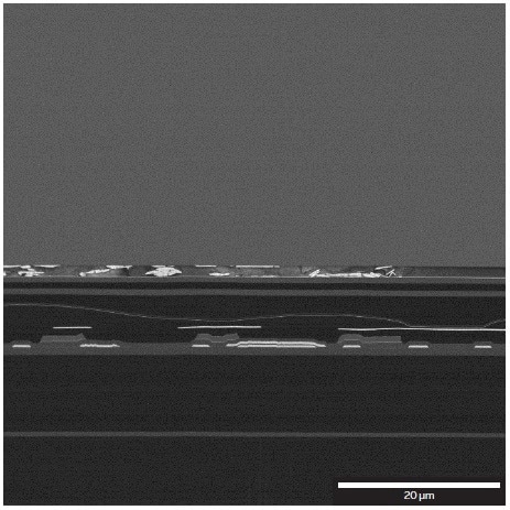 Detailed image of the vertical structure of the part of OLED display—top passivation/Al electrodes/polyimide/ITO/polyimide. Mid-Angle BSE detector at 2?kV.