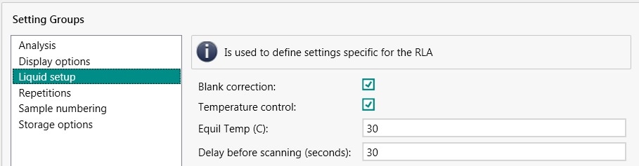 Method setting options for liquid analysis. In the settings for a method, different measurement parameters can be set. For example, the temperature of the sample vessel for liquid analysis.