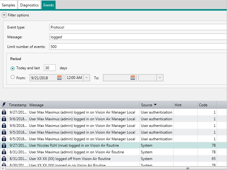 Audit trail view for login events. In Vision Air, different filter settings can be set to find events easily, for example, all events which refer to a login or log out.
