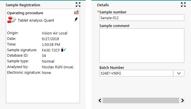 Sample registration window during routine analysis in Vision Air. Both automatically created and user-entered metadata are available for each measurement.