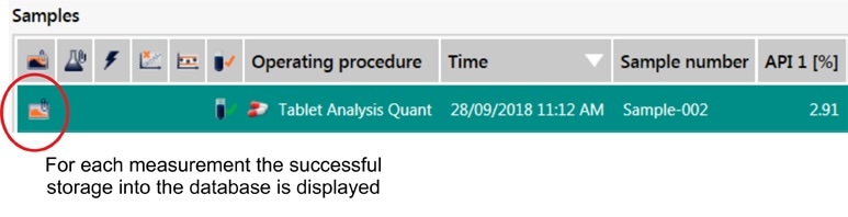Visual display of successful storage of data. In the sample history view in Vision Air, an icon displays the successful storage of data in the SQL database.