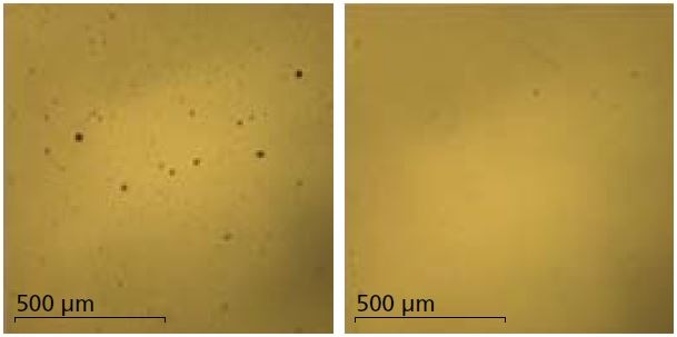 Optical microscope images of Si wafer surface pre (left) and post (right) strip coating cleaning.