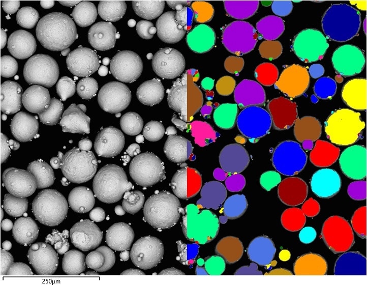 Left - Backscattered electron image of particles. Right - Grey level thresholding, colouring each particle that has been located – note that adjacent particles have clearly been separated.