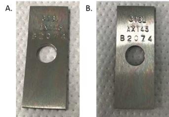 Dursan coated corrosion coupon before (A) and after (B) exposure to 2% TFA for 30 days. There is no visual difference in the appearance of the coupon.