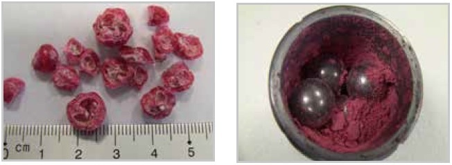 Sticky berries before and after cryogenic grinding.