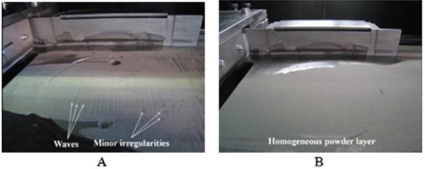 Deposition of the first powder layer on the SLM building platform of (A) NiTi-1 /TiNb-1 and (B) TNZ-1 / Ref- Ti powders.