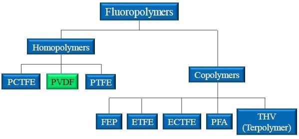Landscape of popular fluoropolymers. PVDF is a homopolymer produced from the joining of identical monomer units. PVDF is closely related to PCTFE and PTFE.
