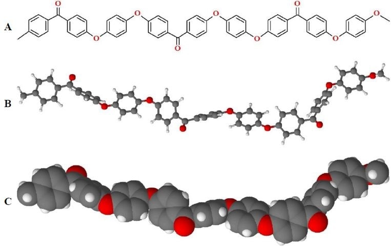 Structure of PEEK. A) Stereo bond-line drawing, B) ball-and-stick model, and C) space-filling model of PEEK. (Conformations of PEEK are variable during melt and amorphous phases).