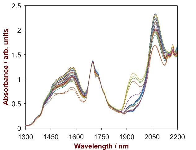 Raw data spectrum of 33 pesticide samples with Glyphosate concentrations ranging from 21.0–40.5%.