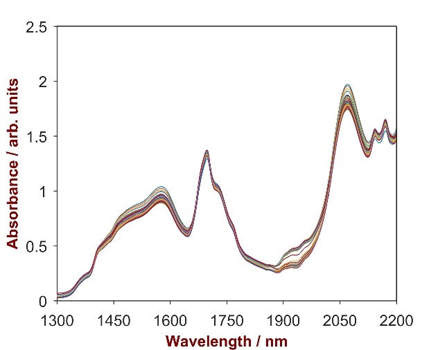 Raw data spectrum of 27 pesticide samples with Cypermethrin concentrations ranging from 4.0–5.8%.