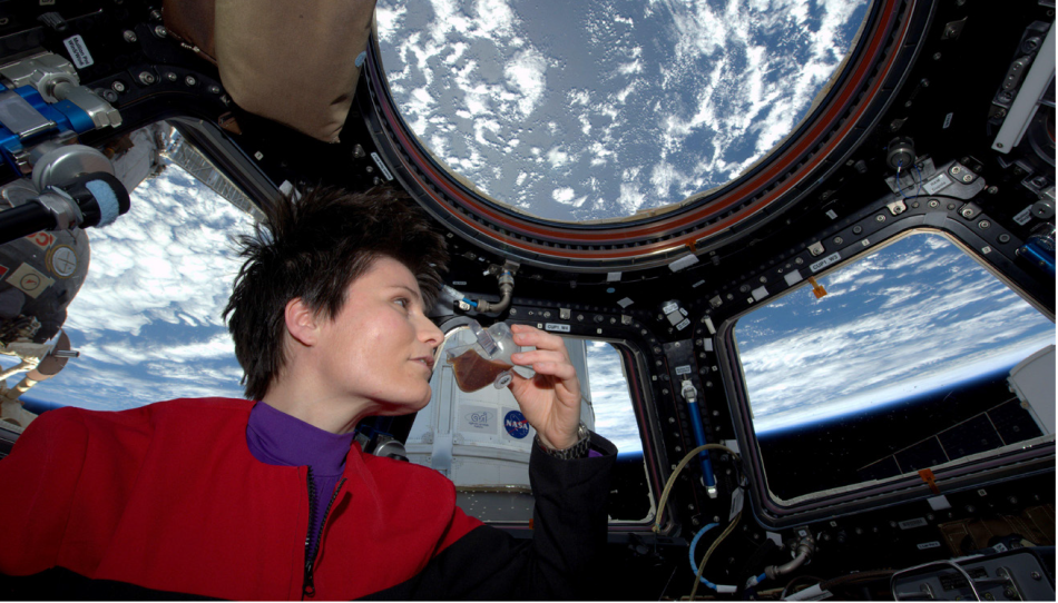 Astronaut Samantha Cristoforetti enjoying a cup of espresso on the ISS – made from recycled water of course. Photo: NASA / twitter.com/AstroSamantha.