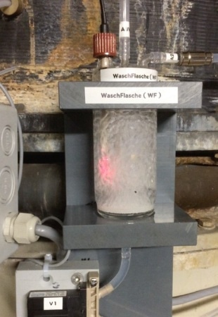 The wash bottle, in which the analyte is transferred to a solution.