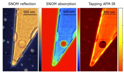 Measurement of graphene wedge on silicon with s-SNOM and Tapping AFM-IR shows plasmonic effects at the edge.