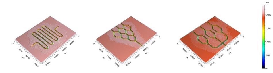 3D confocal topographies detail some examples of microfluidic devices performed with laser over soda lime glass.