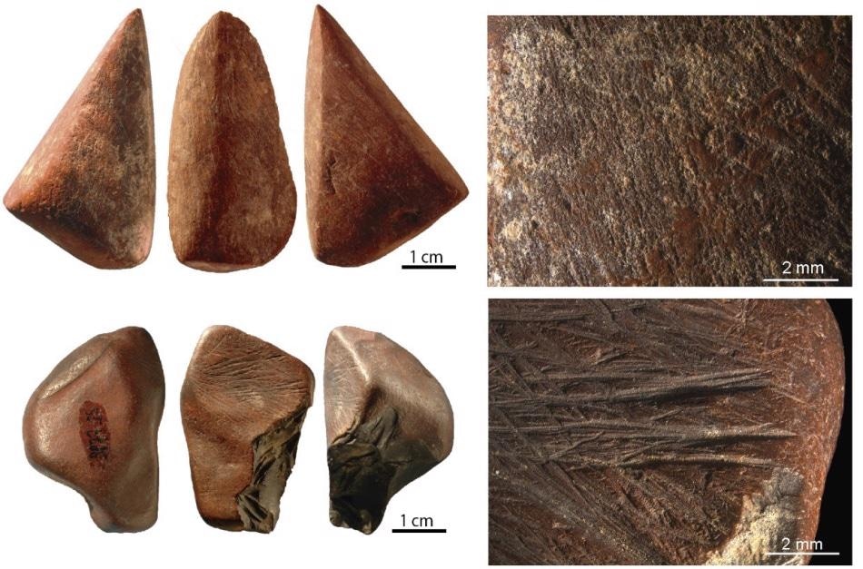 Ochre fragments modified by grinding (top left) and by scraping (bottom left) with close-up views illustrating traces diagnostic of the technique used (modified after Rosso et al. 2017).