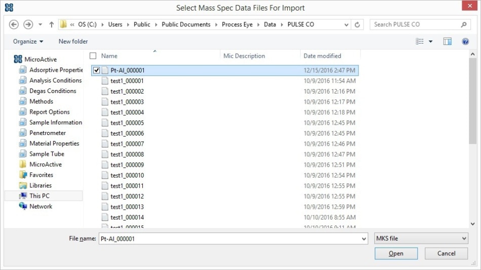 Selecting the mass spec data file to import into MicroActive.