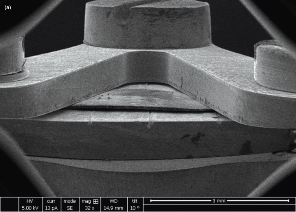 (a) Low-magnification SEM image of a sample clamped to a substrate; (b) pre- and (c) post-images of a fiber push-out test.