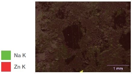 Overlay of Zn and Na X-ray maps onto the gray reference image.
